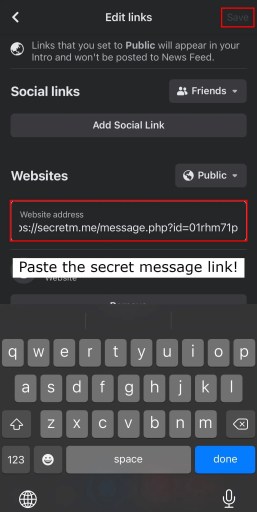 Añade el enlace del mensaje secreto a tu perfil de Facebook