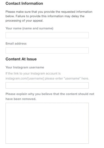 Información de contacto y contenido en cuestión en Instagram