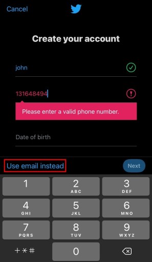 Introduce un número de teléfono válido en Twitter