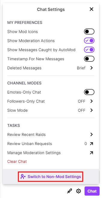 Cambiar a la configuración no mod en Twitch