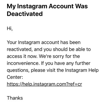 Correo electrónico de reactivación de la cuenta de Instagram