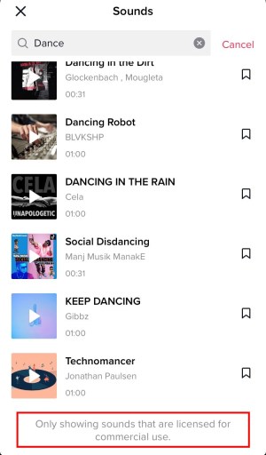 Mostrar sólo los sonidos con licencia para uso comercial TikTok