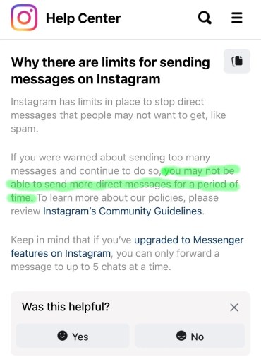 Límites para enviar mensajes en Instagram