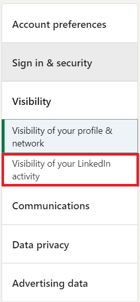 Menú de visibilidad de LinkedIn